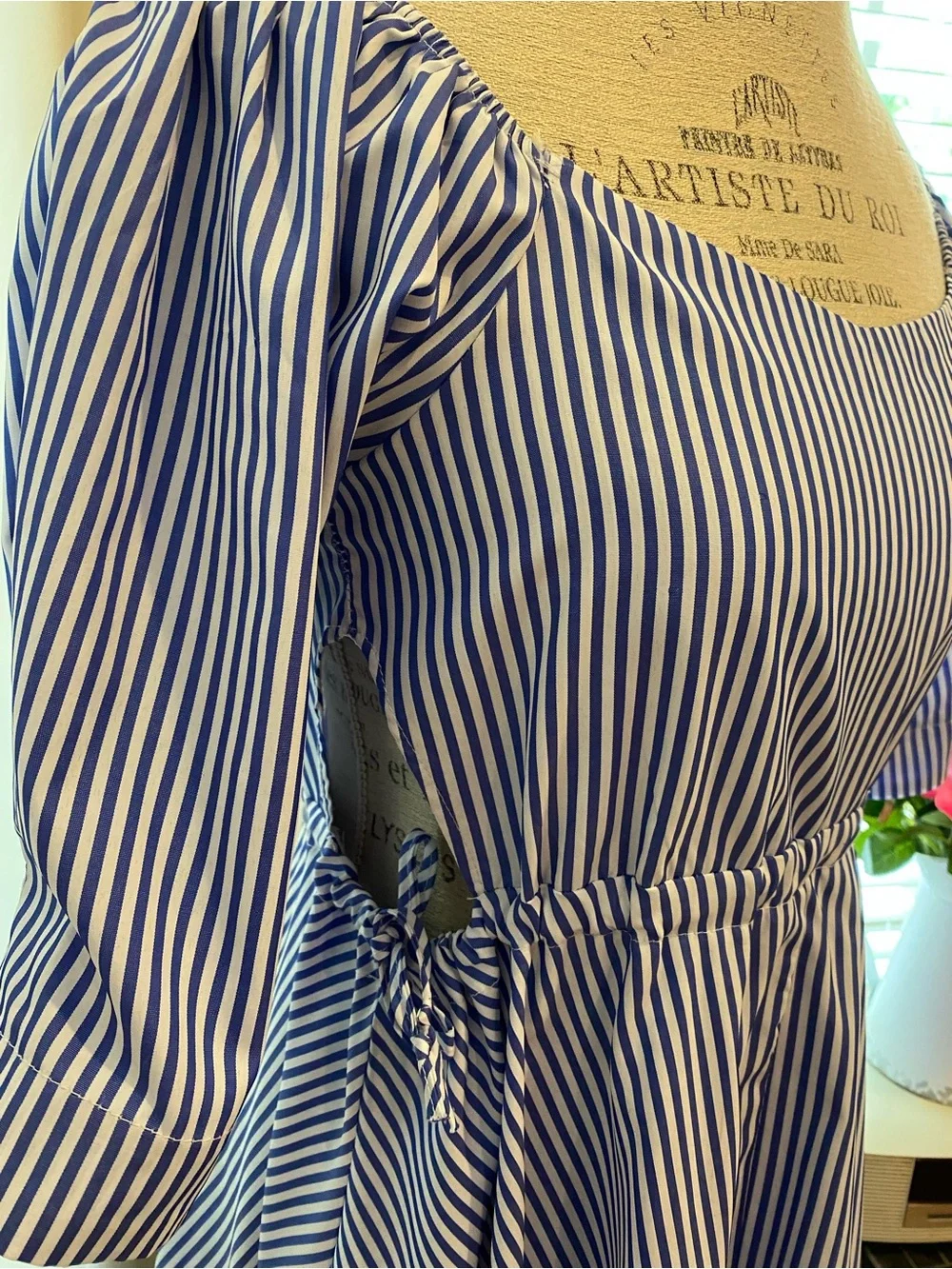 Blue and White Striped Midi Dress with Square Neck and Tie Waist - Picture 4 of 6